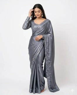 Grey Sequins Embroidered Saree Set for Women