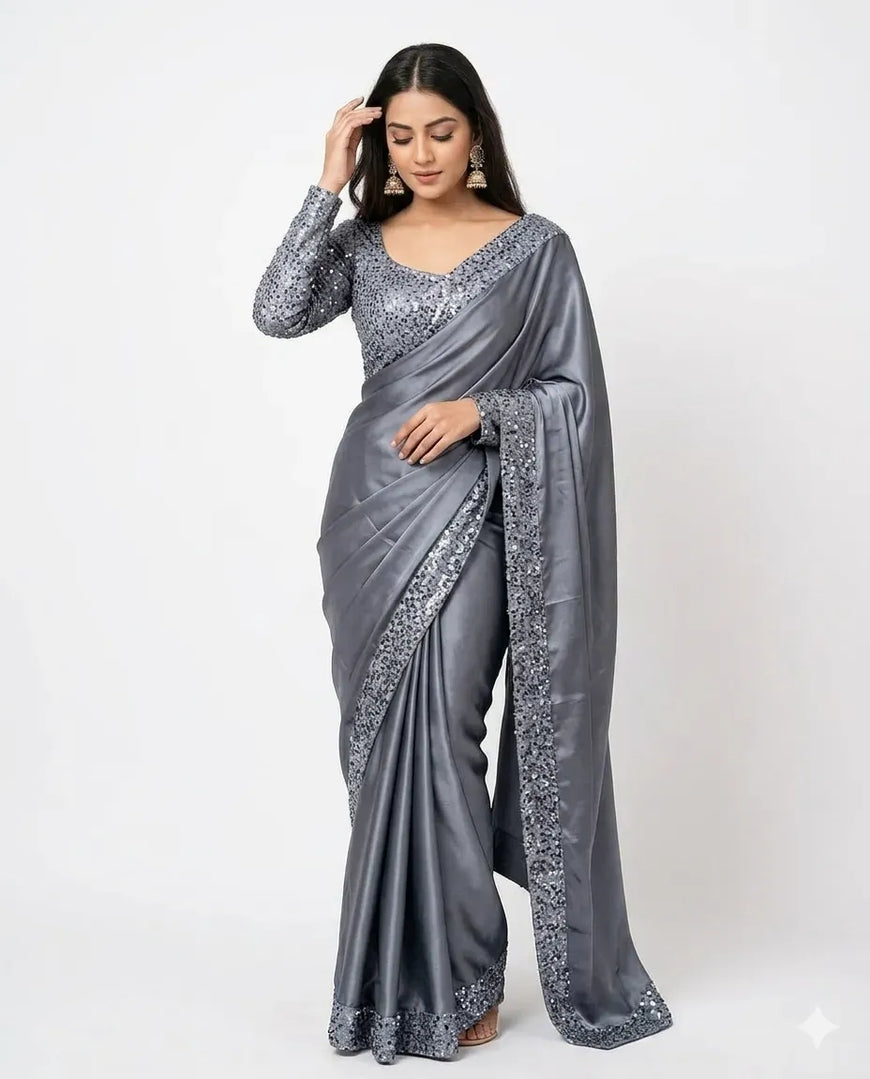 Grey Sequins Embroidered Saree Set for Women