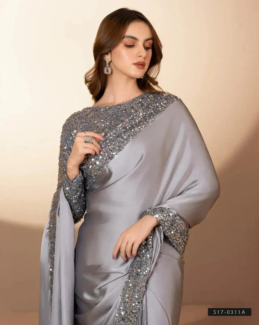 Grey Sequins Embroidered Saree Set for Women
