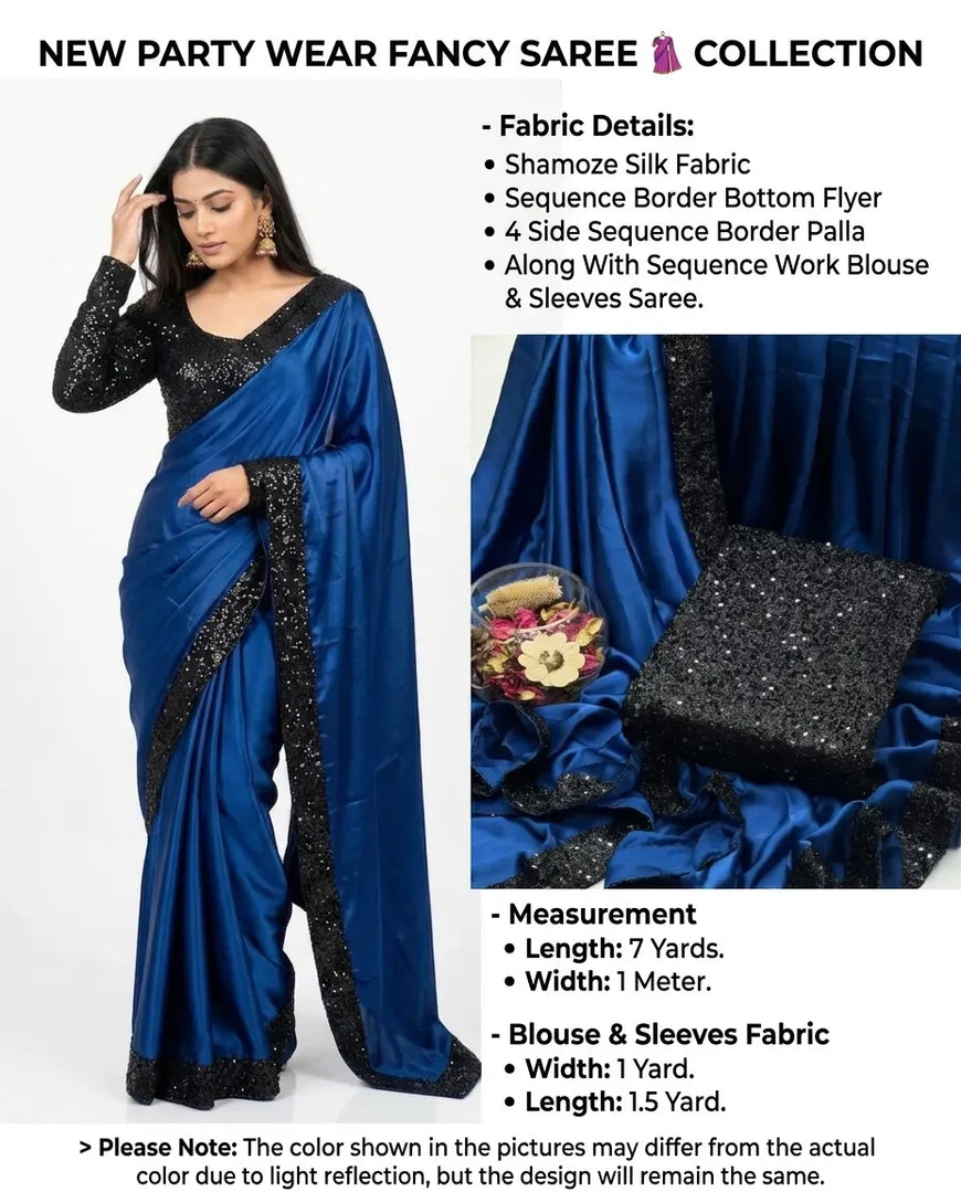 Blue Shamoz Silk Sequence Saree Set 7 Yard Blouse & Sleeves