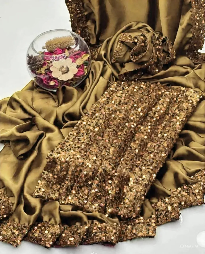Shamoze Silk Sequence Saree Party Wear Gold Brown