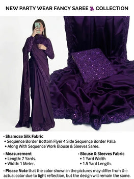 Purple Sequin Embroidered Shamoz Silk Saree Set 7 Yards