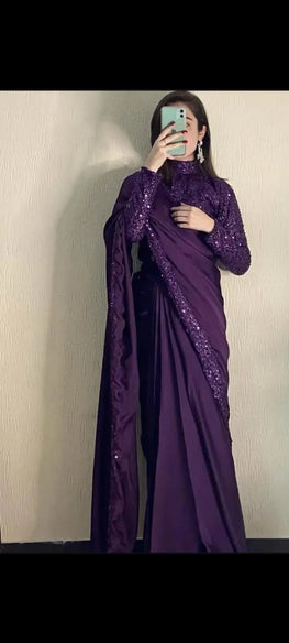 Purple Sequin Embroidered Shamoz Silk Saree Set 7 Yards