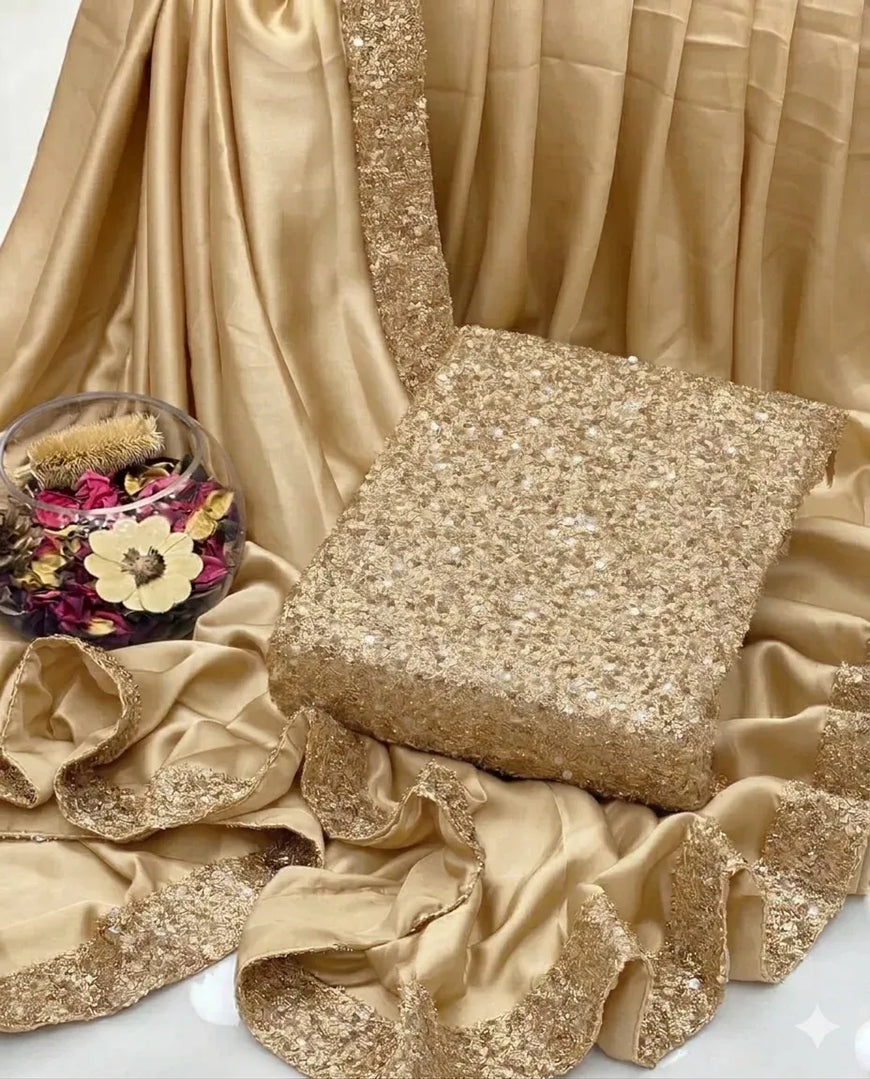 Golden Shamoz Silk Sequence Border Saree Set 7 Yard
