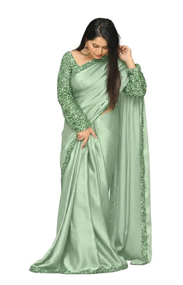Green Sequins Embroidered Shamoz Silk Saree with Blouse