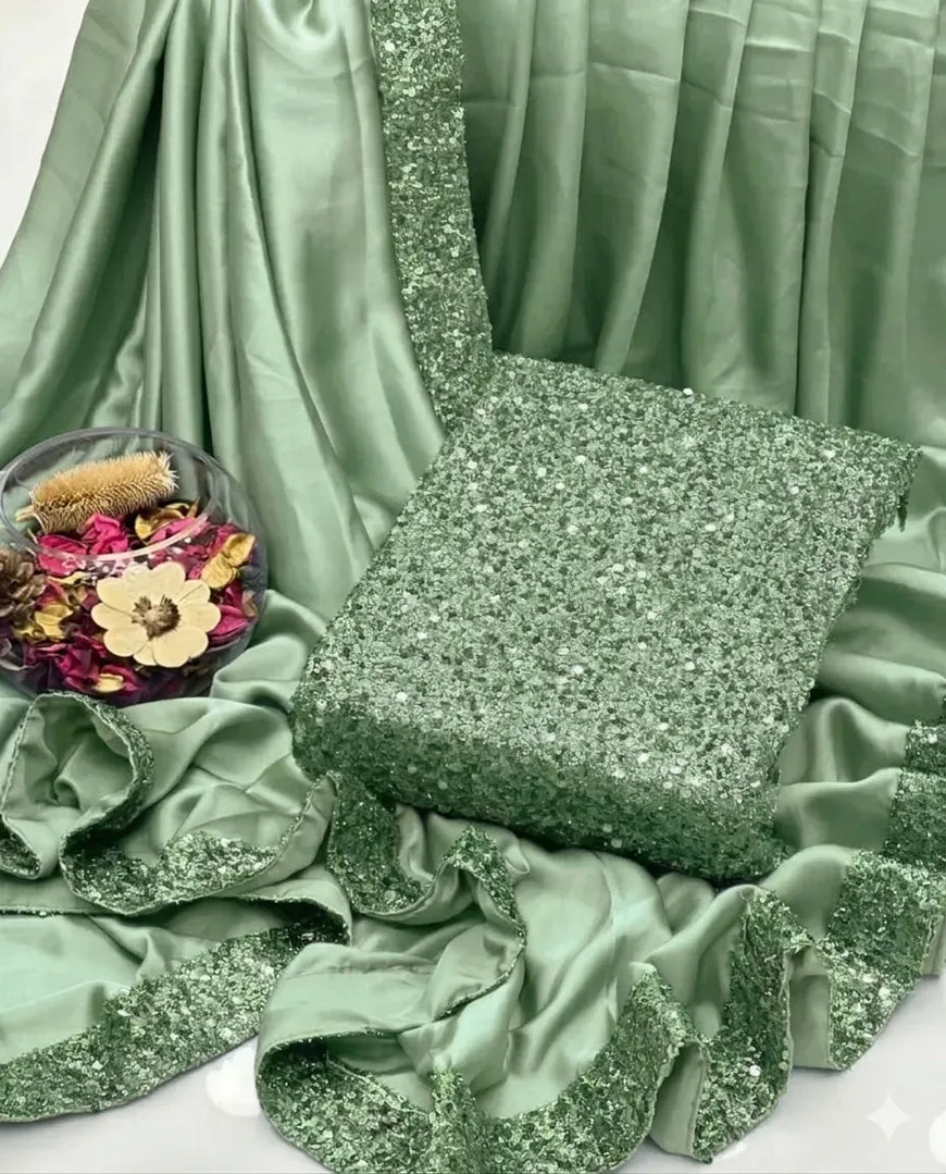 Green Sequins Embroidered Shamoz Silk Saree with Blouse