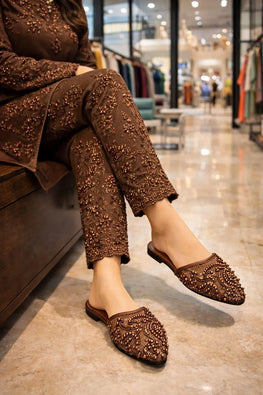 Brown Embroidered Women's Casual Flat Slippers