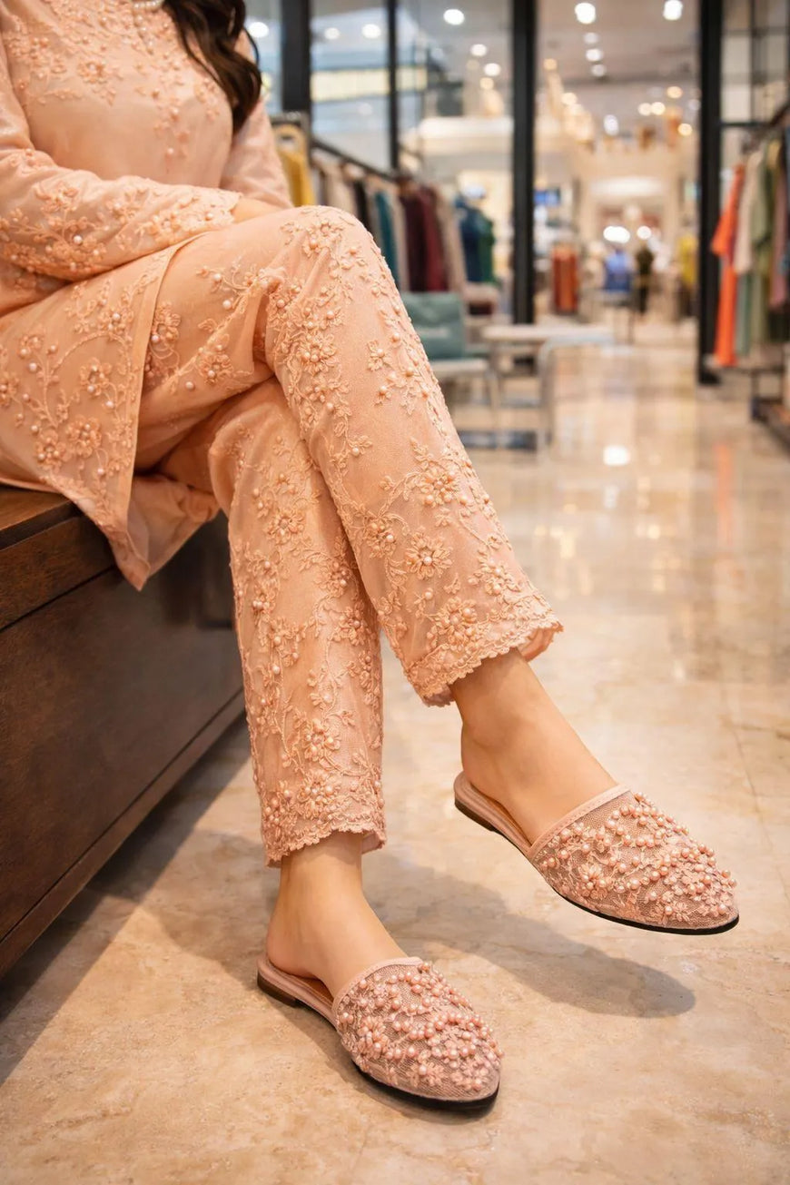 Beige Embroidered Flat Slippers for Women
