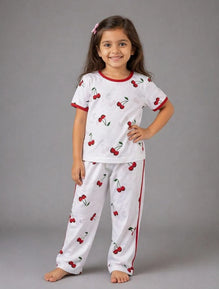 Girls Cotton Rose Print Pajama Set White Red