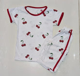 Girls Cotton Rose Print Pajama Set White Red
