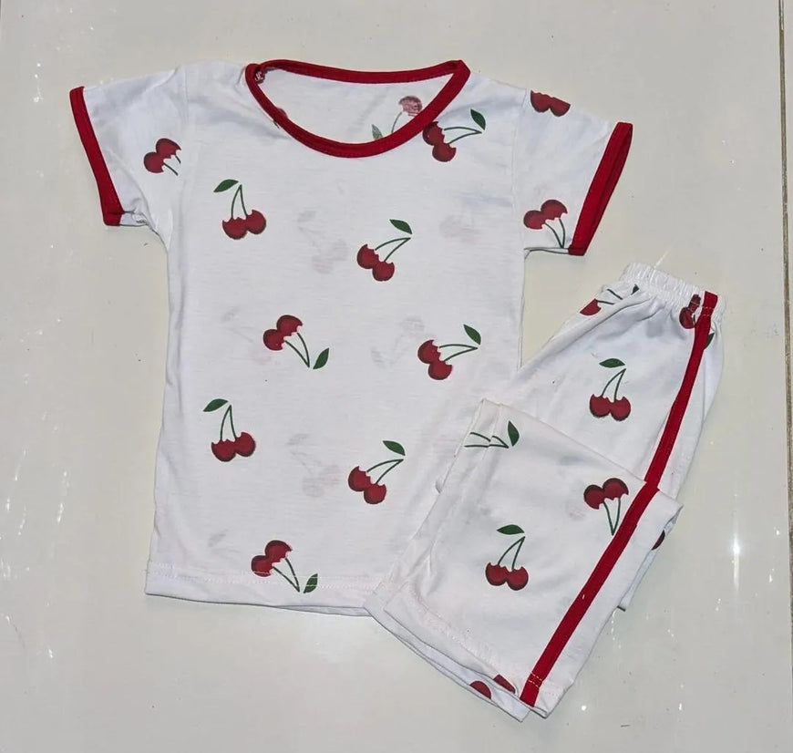 Girls Cotton Rose Print Pajama Set White Red