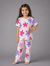 Girls Floral Pajama Set White Pink Purple