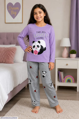 Purple Panda Print Kids Night Suit 2 Pcs Jersey for Girls 1-10Yrs