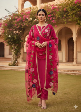 Elegant Red Organza Dupatta with Hand Embroidery & Beaded Detailing - 1 Pc