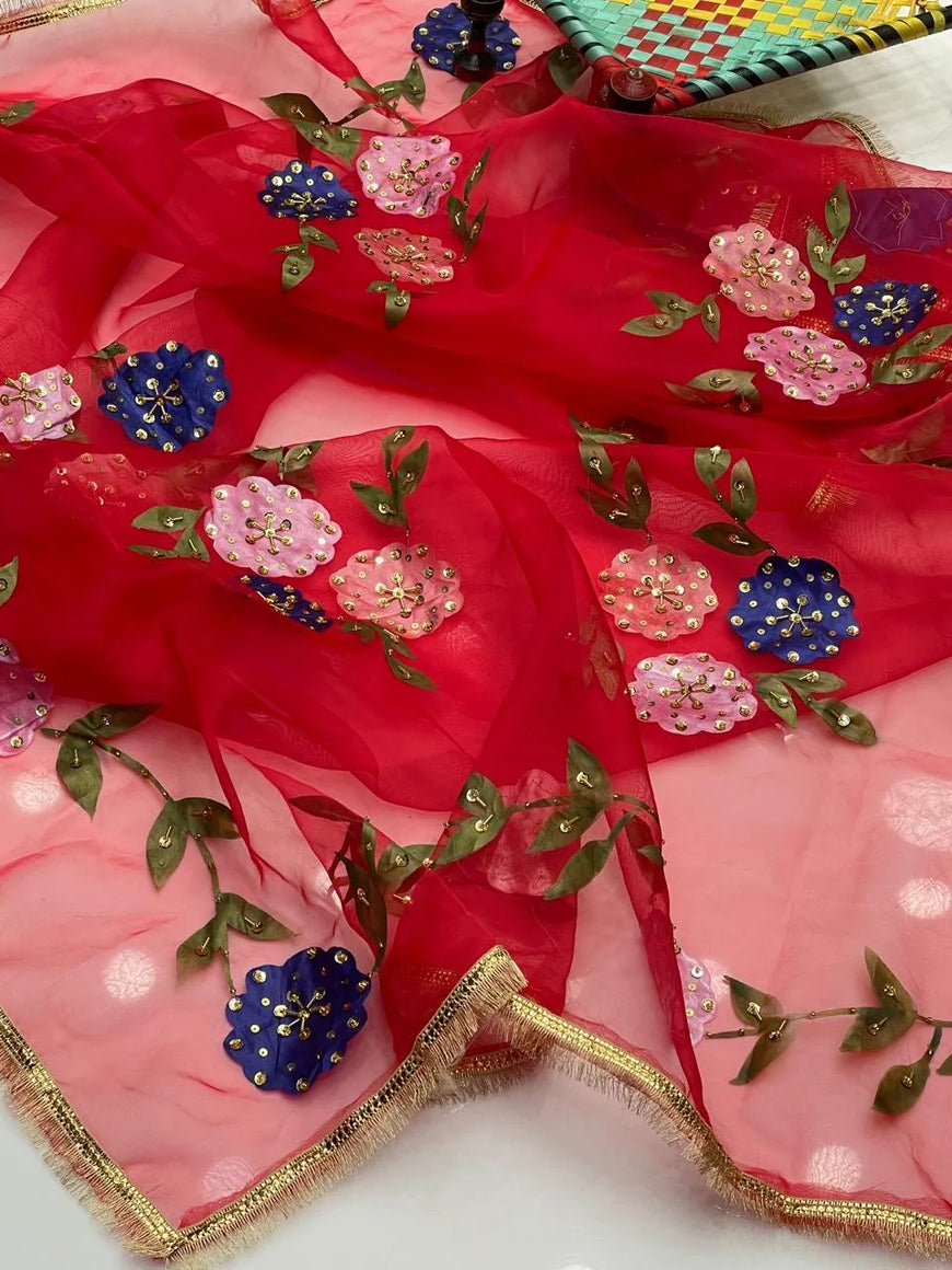 Elegant Red Organza Dupatta with Hand Embroidery & Beaded Detailing - 1 Pc