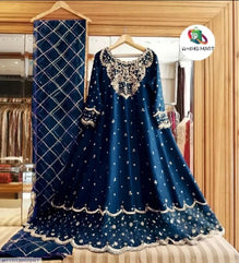 Blue Heavy Embroidered Shamose Silk Maxi Dress 3Pcs Party Wear