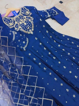 Blue Heavy Embroidered Shamose Silk Maxi Dress 3Pcs Party Wear