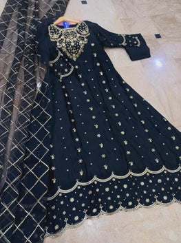 Black Heavy Embroidered Shamose Silk Maxi Dress 3Pcs Party Wear