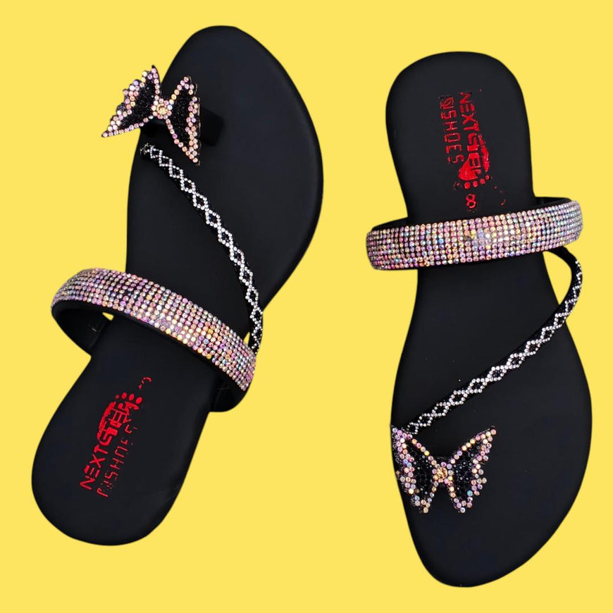 Black Rhinestone Butterfly Flats Women