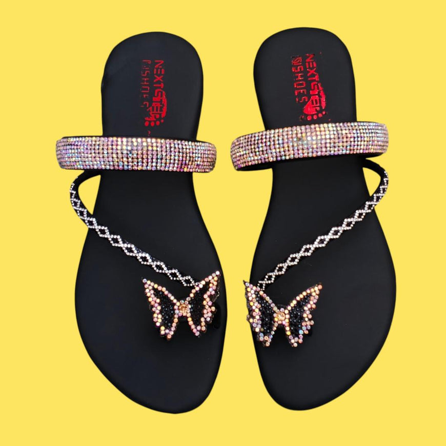 Black Rhinestone Butterfly Flats Women