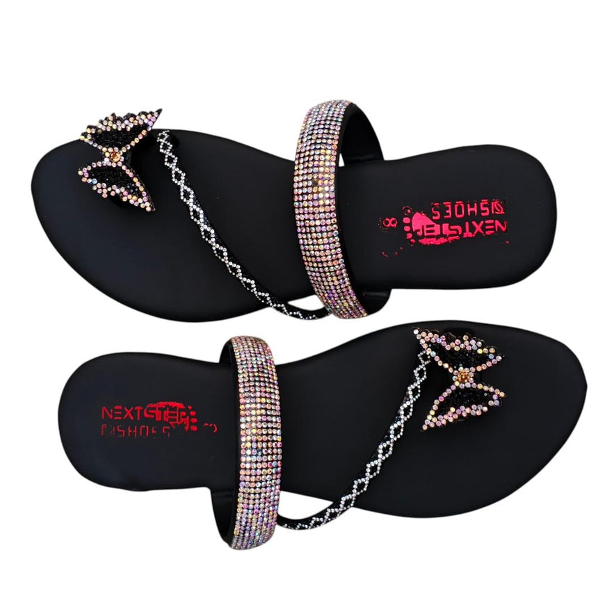 Black Rhinestone Butterfly Flats Women