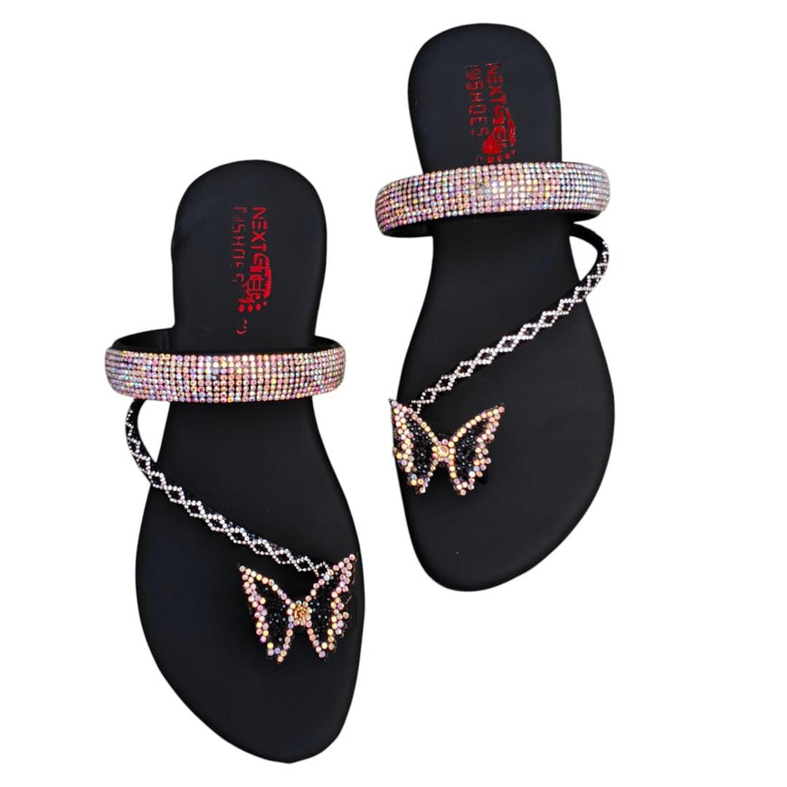 Black Rhinestone Butterfly Flats Women