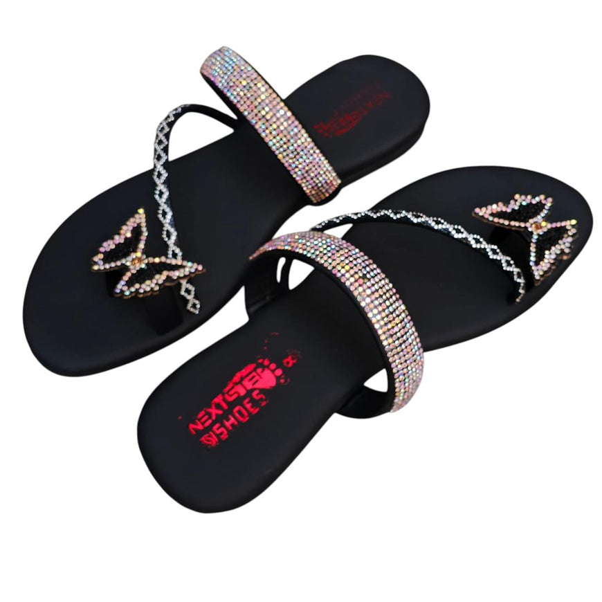 Black Rhinestone Butterfly Flats Women