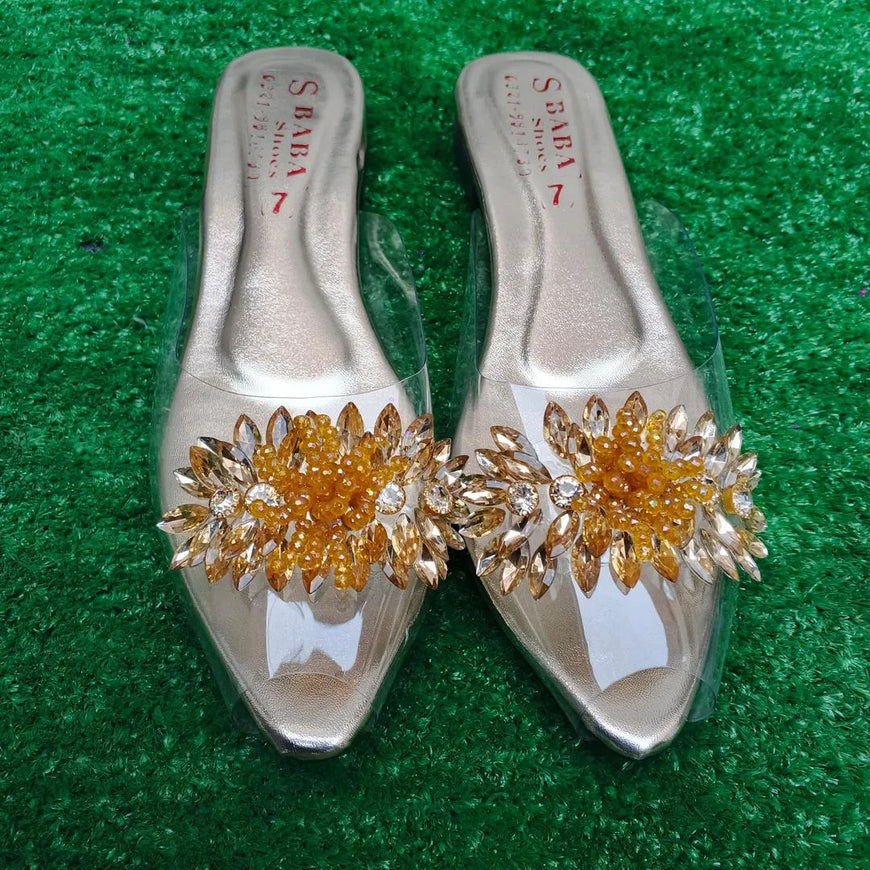 Golden Gemstone Half Slippers for Women