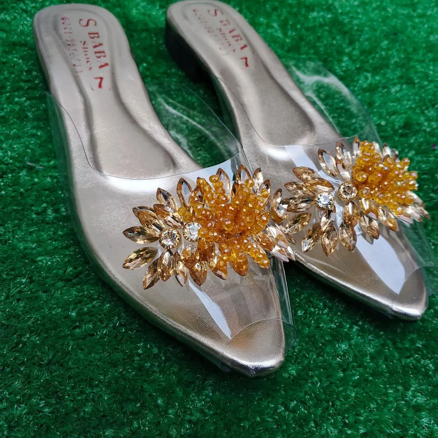 Golden Gemstone Half Slippers for Women