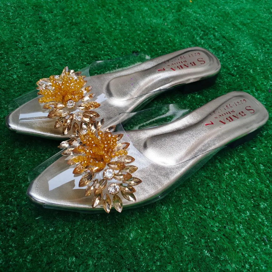 Golden Gemstone Half Slippers for Women
