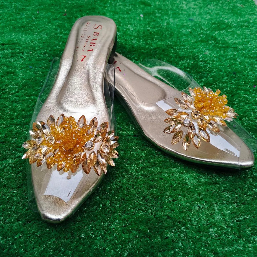Golden Gemstone Half Slippers for Women