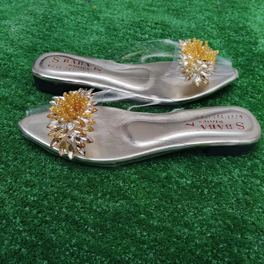 Golden Gemstone Half Slippers for Women