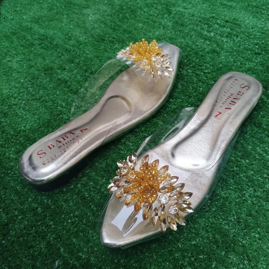Golden Gemstone Half Slippers for Women