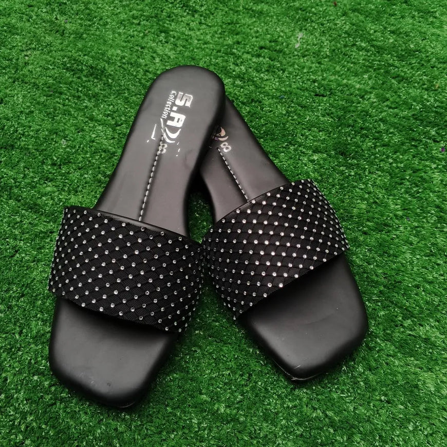 Black Rhinestone Women's Flat Slippers