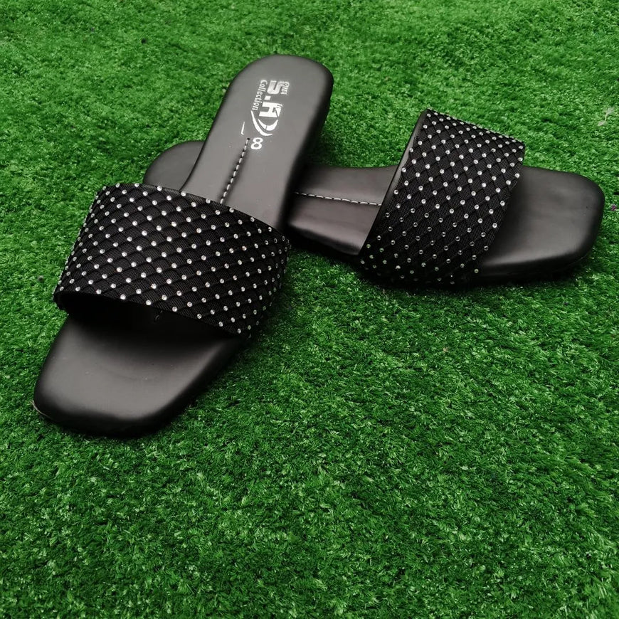 Black Rhinestone Women's Flat Slippers