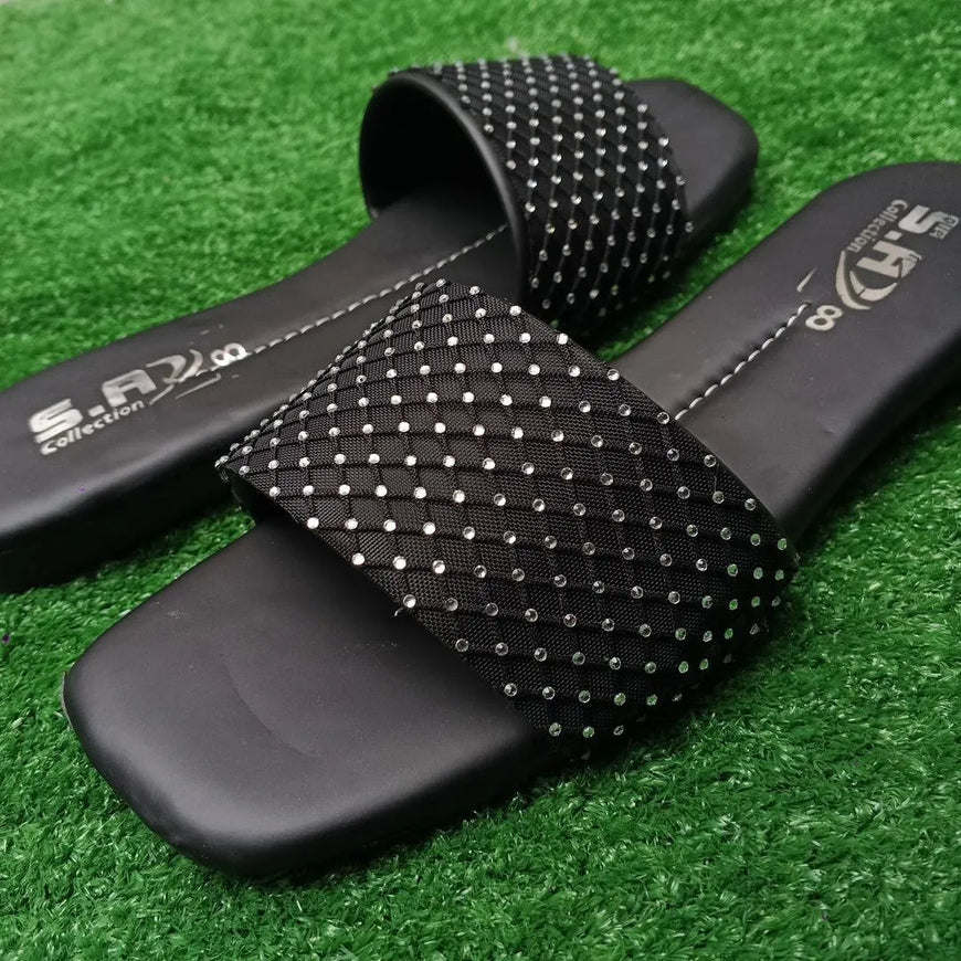 Black Rhinestone Women's Flat Slippers