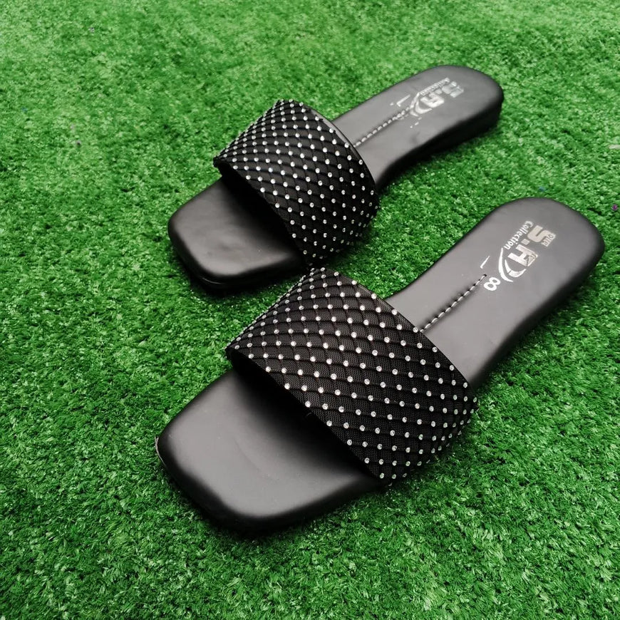 Black Rhinestone Women's Flat Slippers