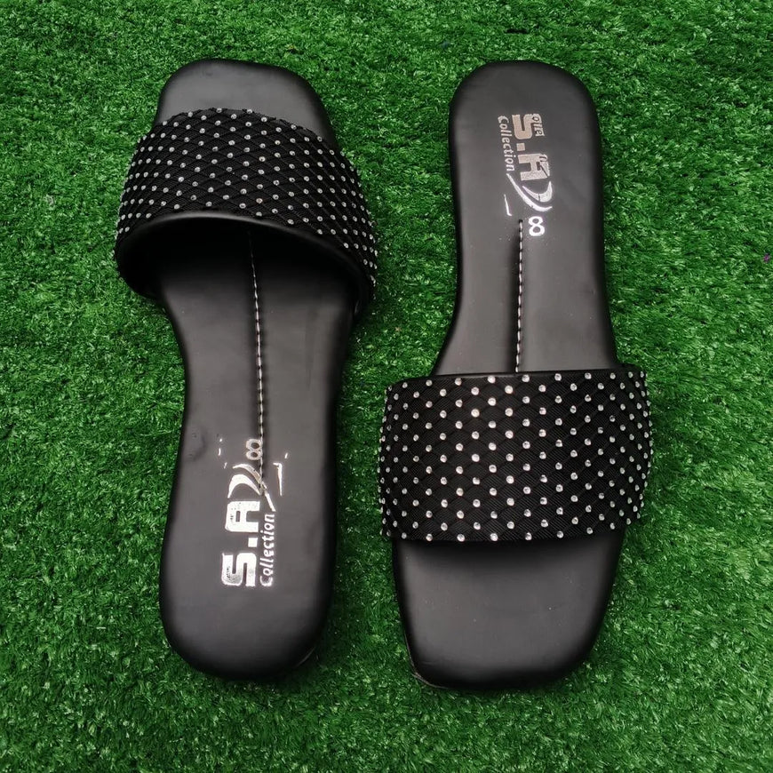 Black Rhinestone Women's Flat Slippers