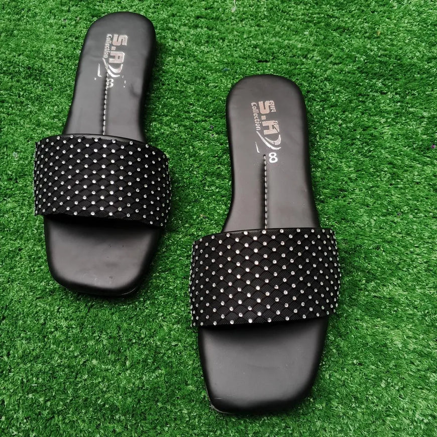 Black Rhinestone Women's Flat Slippers