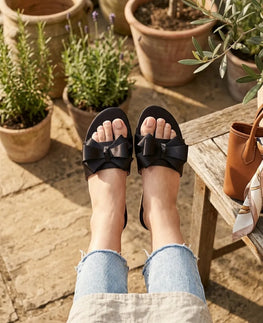 Black Bow Flat Sandals for Women Synthetic Leather