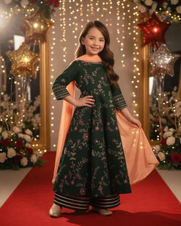 Green Embroidered Lawn 3Pcs Set for Girls
