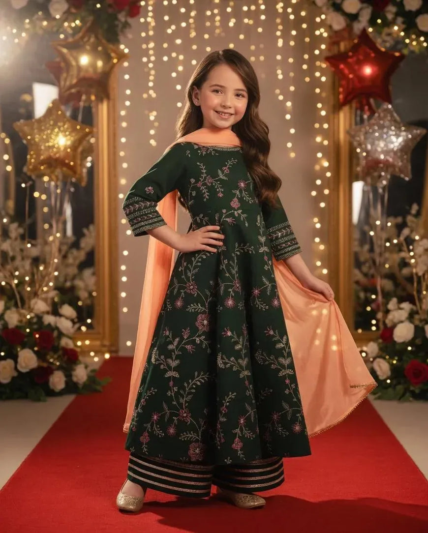 Green Embroidered Lawn 3Pcs Set for Girls