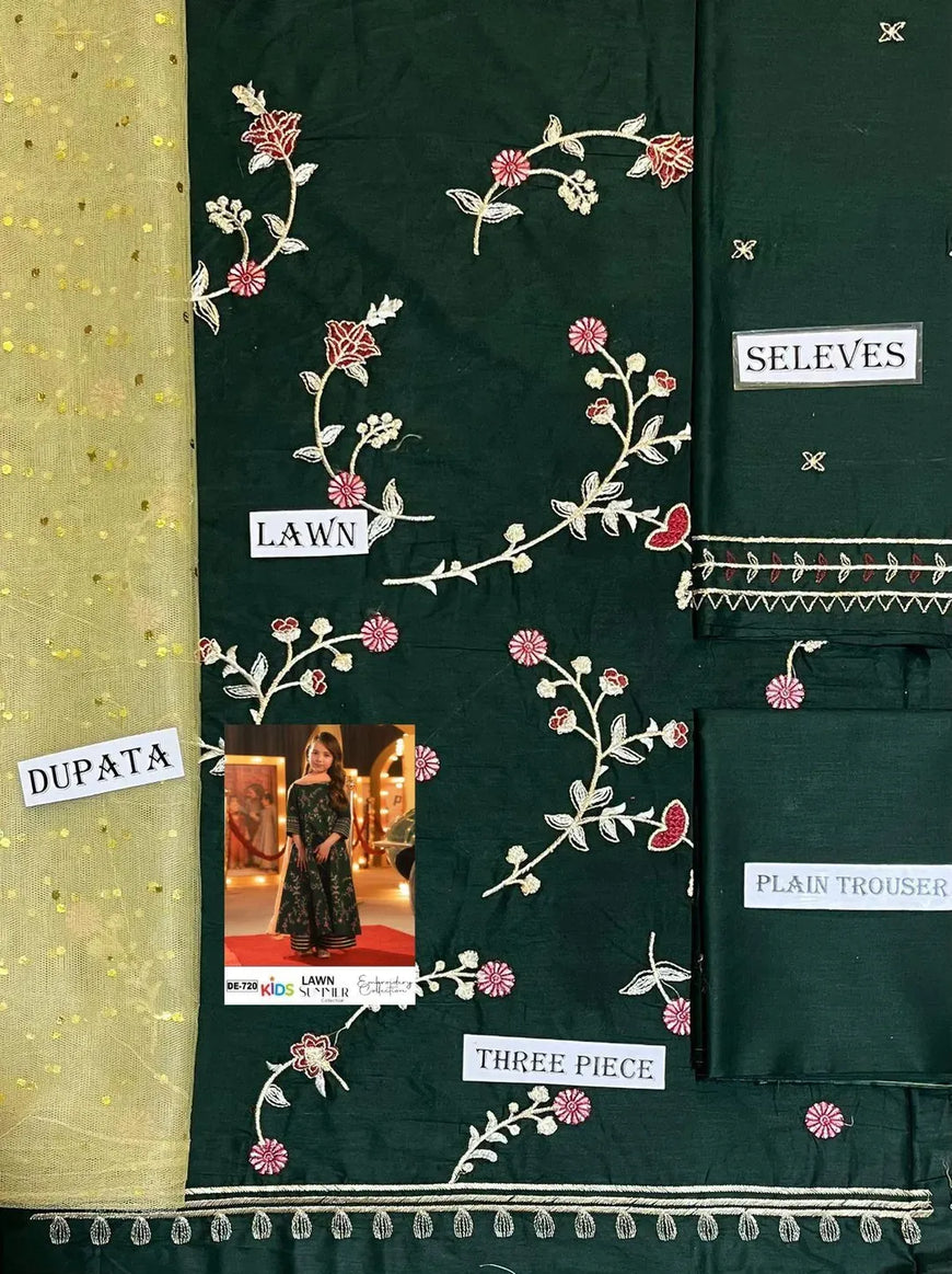 Green Embroidered Lawn 3Pcs Set for Girls