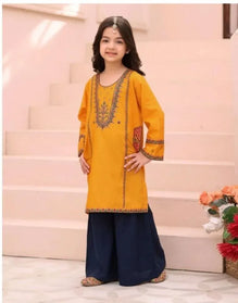 Girls Lawn Embroidered Kurta Set Yellow