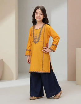Girls Lawn Embroidered Kurta Set Yellow