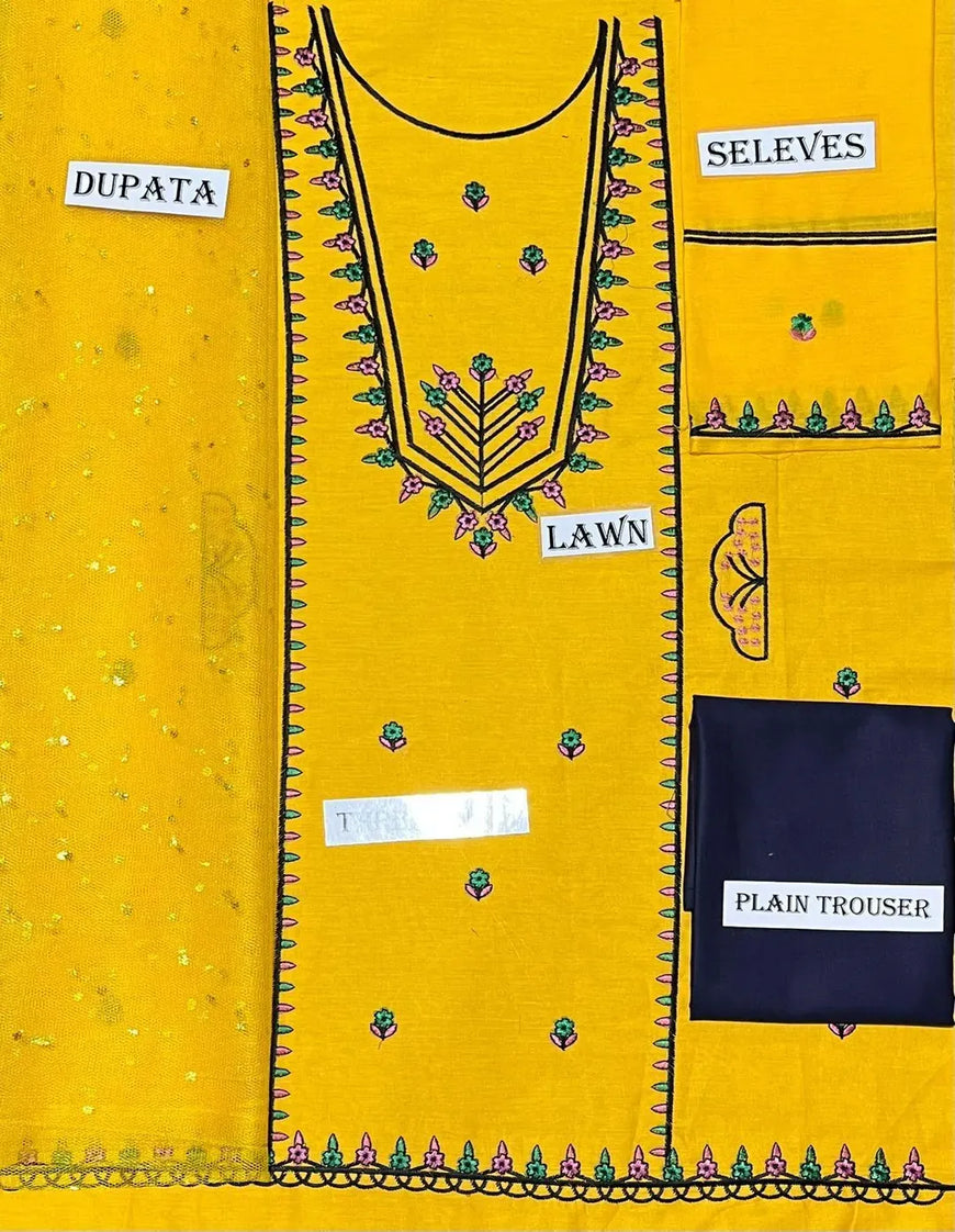 Girls Lawn Embroidered Kurta Set Yellow