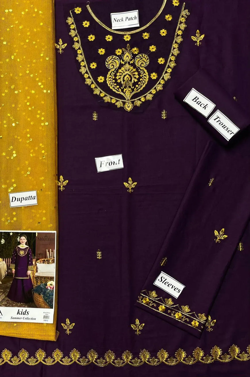 Purple Embroidered Lawn 3Pcs Set for Girls