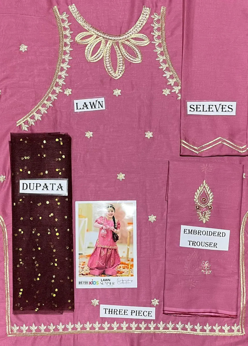 Pink Embroidered 3-Piece Lawn Suit Set for Girls