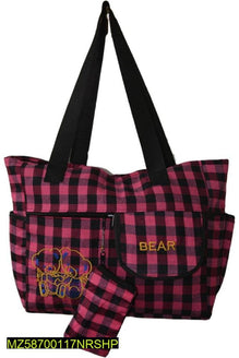 Stylish Pink Black Checkered Baby Diaper Bag with Bear Embroidery