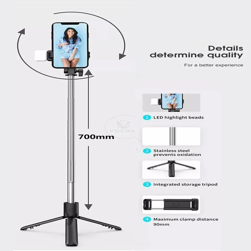 Foldable Selfie Stick with LED Light & Bluetooth Remote